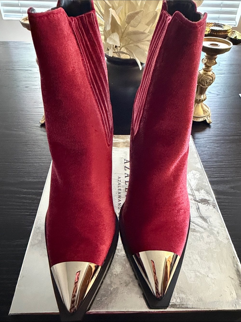Red Velvet Ankle Booties with Gold Toe Cap